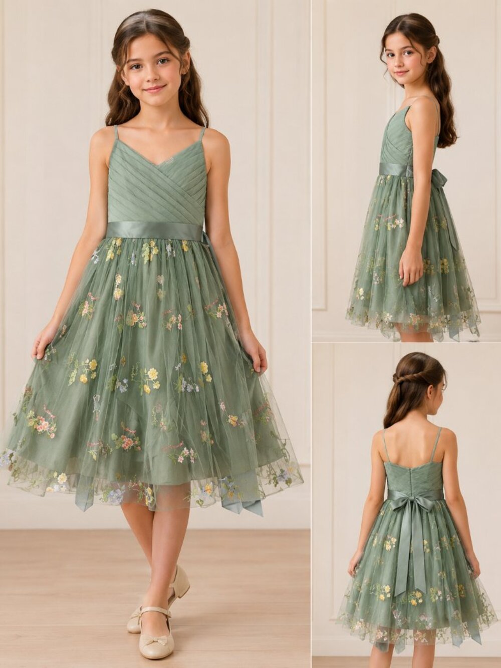 OBEEII Flower Wedding Pleated V Neck Satin Tulle Princess Dress Girl Size 8